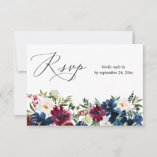 Cartão RSVP Azul marinho, Borgonha e Floral Branco com Refeiçã