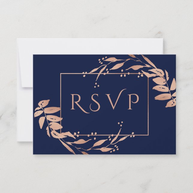 Cartão RSVP Azul Marinho | Casamento de Folhagem Dourada Elega (Frente)