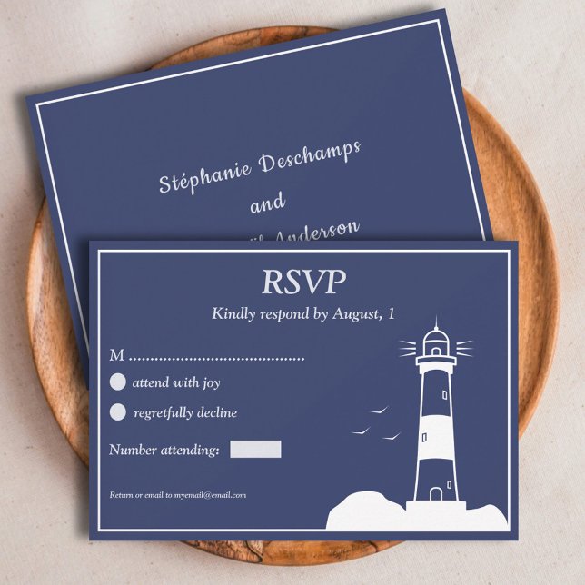 Cartão RSVP Azul Marinho de Farol (Lighthouse Navy Blue Wedding RSVP Card)