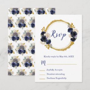 Cartão RSVP Azul Marinho e Dourado Flores Elegantes Sweet Sixt