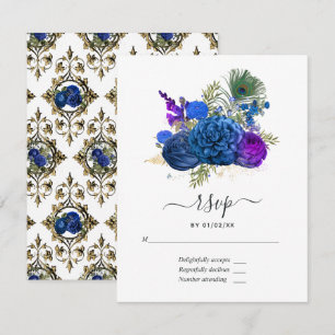 Cartão RSVP Azul Marinho e Dourado Pavão Vintage