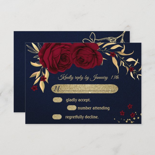 Cartão RSVP azul-marinho floral de ouro burgundy (Frente/Verso)