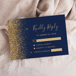 Cartão RSVP Azul Marinho Moderno Dourado Falso Brilho Borda