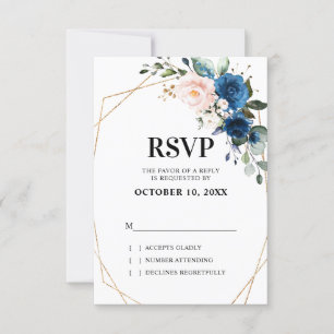 Cartão RSVP Azul-Marinho Romântico Blush Floral Rosa Geométr