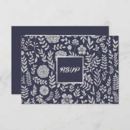 Cartão RSVP Azul marinho | Silver Floral Wedding