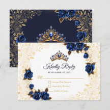 Azul Marinho Tiara Dourada Floral Rosa Quinceañera