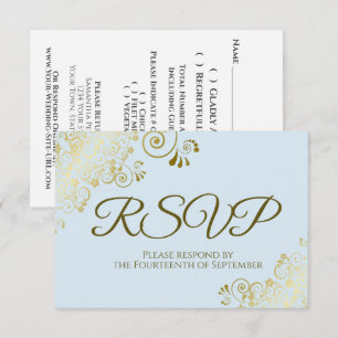 Cartão RSVP Azul Pó com Casamento Amigável Lace Dourado Elegan