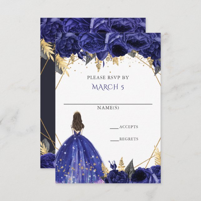 Cartão RSVP Azul Real Dourado Floral Princesa Quinceanera (Frente/Verso)