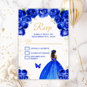 Cartão RSVP Azul Real e Dourado Princesa de Pele Morena