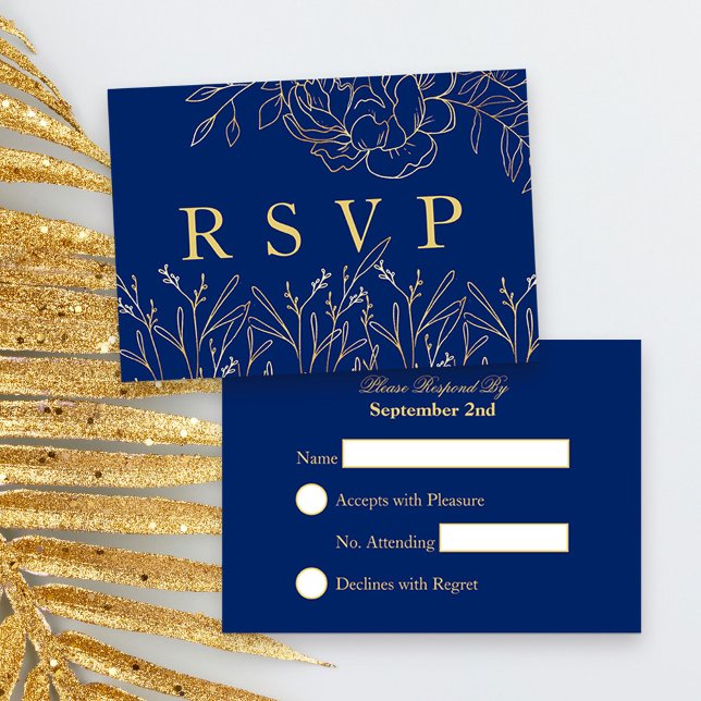 Cartão RSVP Azul Real Elegante com Flores Douradas (Blue and Gold Quinceanera Response Card, from my Gold Sketched Floral collection
)