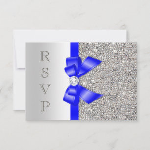 Cartão RSVP Azul Real Falso Laço Lantejoulas Prata Diamante RS