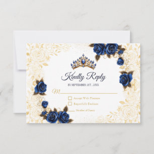 Cartão RSVP Azul Real Flor de Tiara Dourada Rosa Quinceañera