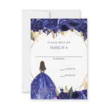 Azul Real Floral Princesa Quinceanera Dourada