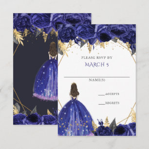 Cartão RSVP Azul Real Floral Princesa Quinceanera Dourada