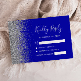 Cartão RSVP Azul Real Moderno com Borda de Brilho Prateado Fal
