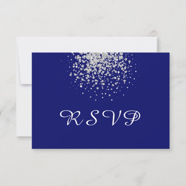 Cartão RSVP Azul Real Moderno e Confetti Prateado (Frente)