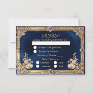 Cartão RSVP Azul Real Pérola Coroa Luxo Elegante