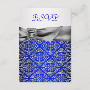 Cartão RSVP Azul Real Prata Damask Prata 25º Aniversário