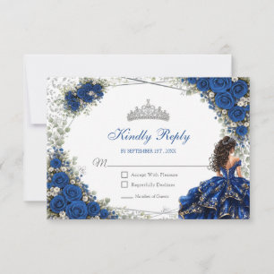 Cartão RSVP Azul Real Quinceañera Borboletas Prateadas