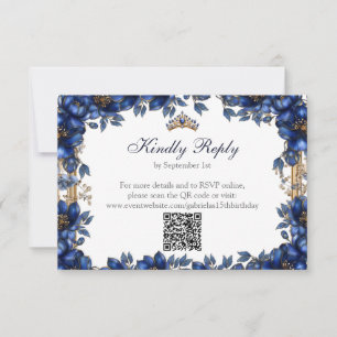 Cartão RSVP Azul Real Tiara Floral Dourada Quinceañera