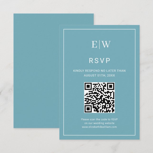 Cartão RSVP Azul Retro Simples Elegante com Casamento Monogram (Frente/Verso)