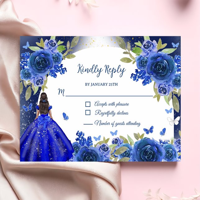 Cartão RSVP Azul Rosa Quinceanera Aniversário (Criador carregado)