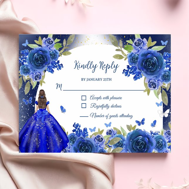Cartão RSVP Azul Rosa Quinceanera Aniversário (Criador carregado)