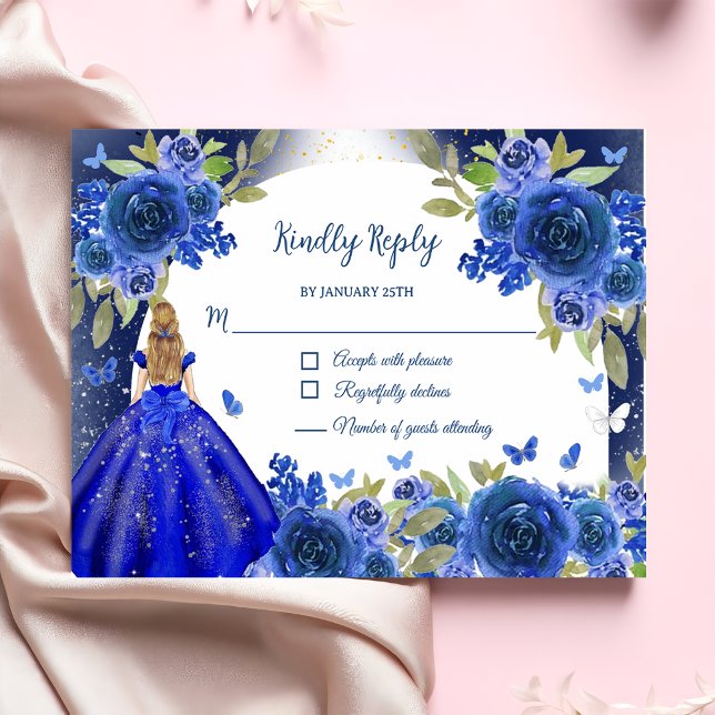 Cartão RSVP Azul Rosa Quinceanera Aniversário (Criador carregado)
