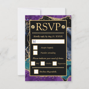 Cartão RSVP Azul Roxo Verde Água Dourado Brilho Ágata Casament
