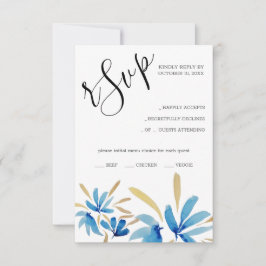 Cartão RSVP Azul Russo Elegante E Flores Selvagens Douradas