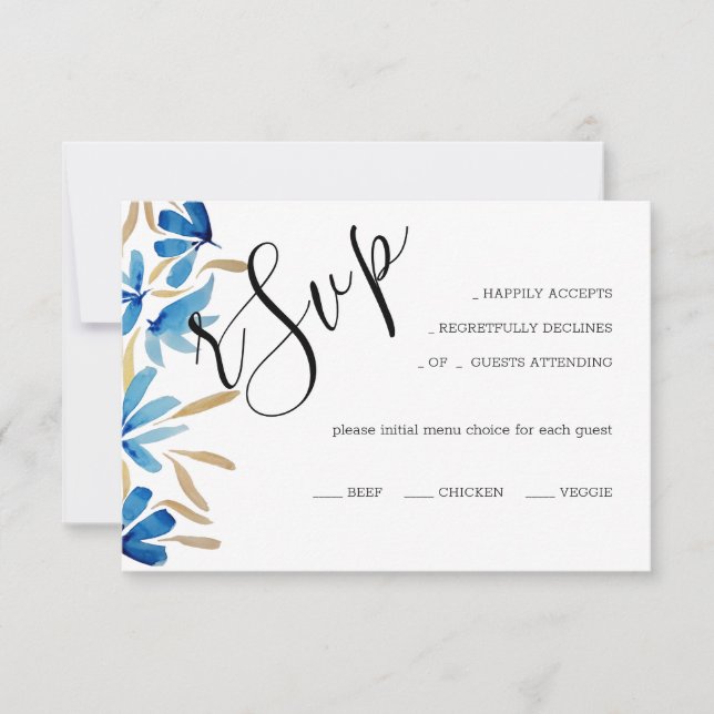 Cartão RSVP Azul Russo Elegante E Flores Selvagens Douradas (Frente)