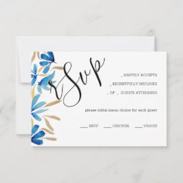 Cartão RSVP Azul Russo Elegante E Flores Selvagens Douradas
