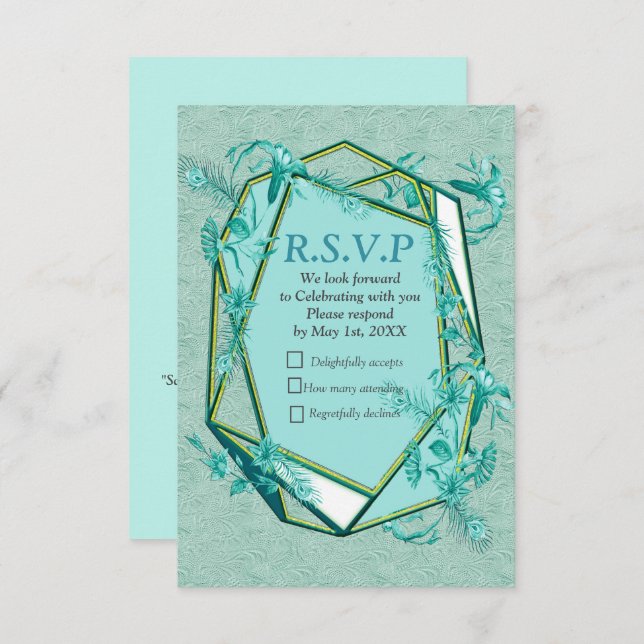 Cartão RSVP Azul Teal - Fundo texturizado verde com flores (Frente/Verso)