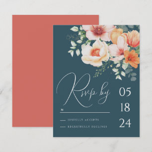 Cartão RSVP Azul Teal Laranja Floral Primavera Pêssego Casamen