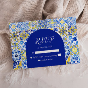 Cartão RSVP Azulejos Azuis Amarelos e Brancos Arco Casamento