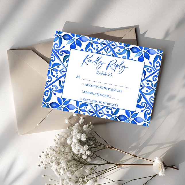 Cartão RSVP Azulejos Blue Talavera vintage casamento mexicano (Blue talavera vintage Mexican wedding rsvp card wedding invitation suite)