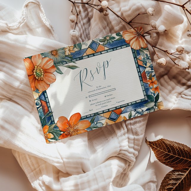 Cartão RSVP Azulejos Florais Modernos Azul e Branco (Criador carregado)