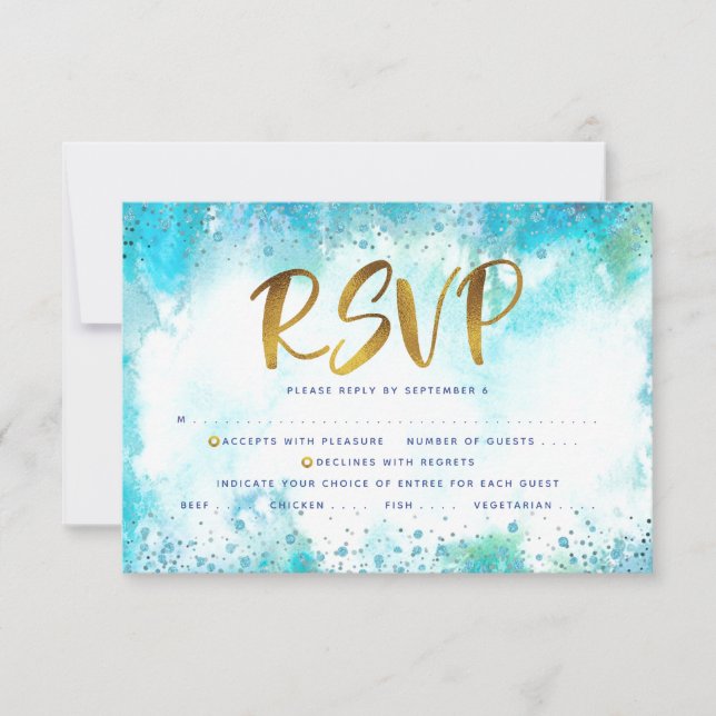 Cartão RSVP B’nai Mitzvah gold turquoise watercolor entrée (Frente)