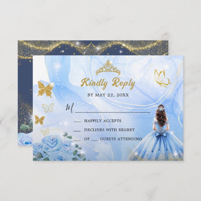 Cartão RSVP Baby Blue Dress Princess Glitter Quinceañera (Frente/Verso)
