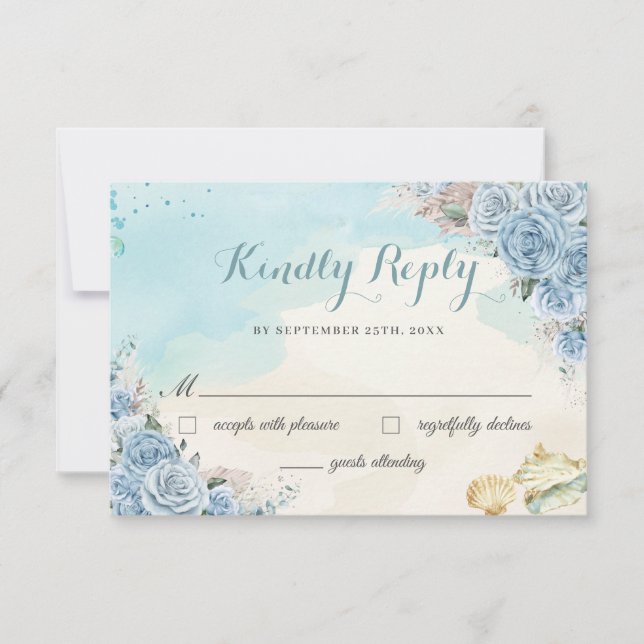 Cartão RSVP Baby Blue Floral Pampas Grass Beach Sweet 16 Reply (Frente)