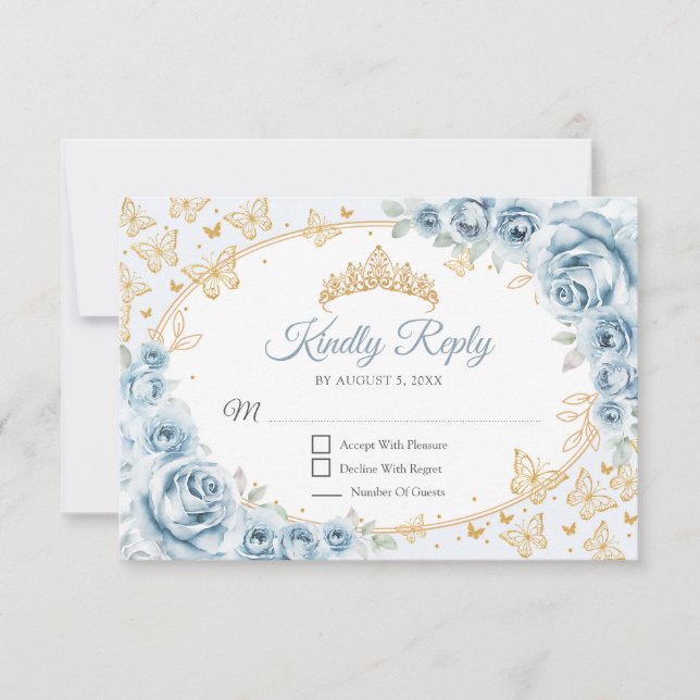 Cartão RSVP Baby Blue Gold Quinceanera Reply (Frente)
