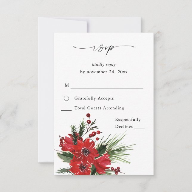 Cartão RSVP Bagas de Natal & Pinheiro Vermelho sem Opção de Re (Frente)