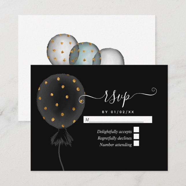 Cartão RSVP Balão de casamento com brilho preto e dourado (Frente/Verso)