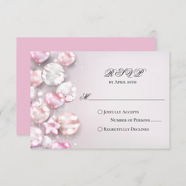 Cartão RSVP Balões Brancos Rosa Quinceañera (Frente/Verso)