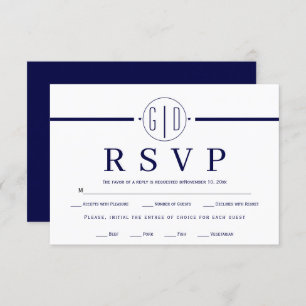 Cartão RSVP Banda branca, iniciais do casamento azul-marinho f