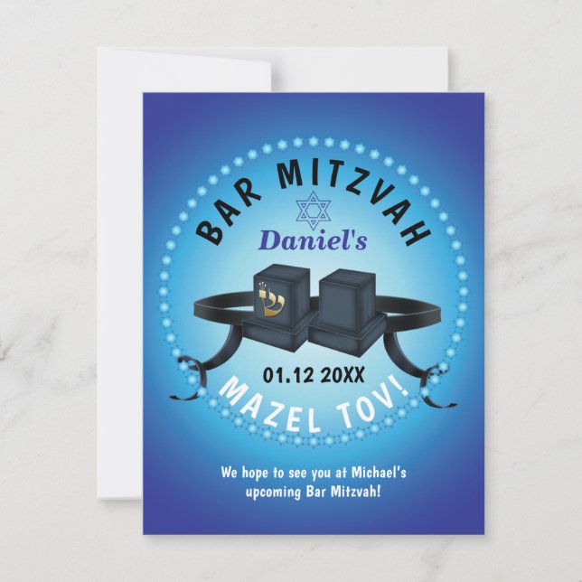 Cartão RSVP Bar Feliz Mitzvah 20XX Decorativo Azul (Frente)