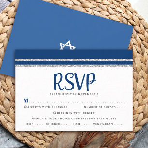 Cartão RSVP Bar Mitzvah Azul Marinho Prateado Tallit Roteiro E