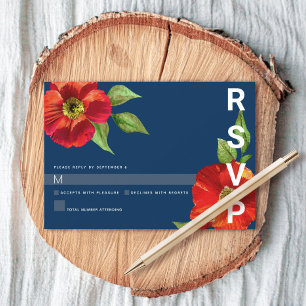 Cartão RSVP Bar Mitzvah Azul Marinho Vermelho Floral Aquarela