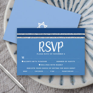 Cartão RSVP Bar Mitzvah Azul Prata Tallit Script Negrito Moder