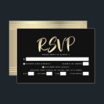 Cartão RSVP Bar Mitzvah Black Gold Escuro-Escuro-Escuro-Vareta<br><div class="desc">Tenha orgulho, alegria e mostre este marco do seu Bar favorito Mitzvah! Inclua este cartão de inserção RSVP personalizado, moderno e impressionante para o seu evento. O roteiro gráfico de caligrafia em folha de ouro cobre um fundo preto rico, dramático. Personalize o texto personalizado com a data "responder por". Personalize...</div>